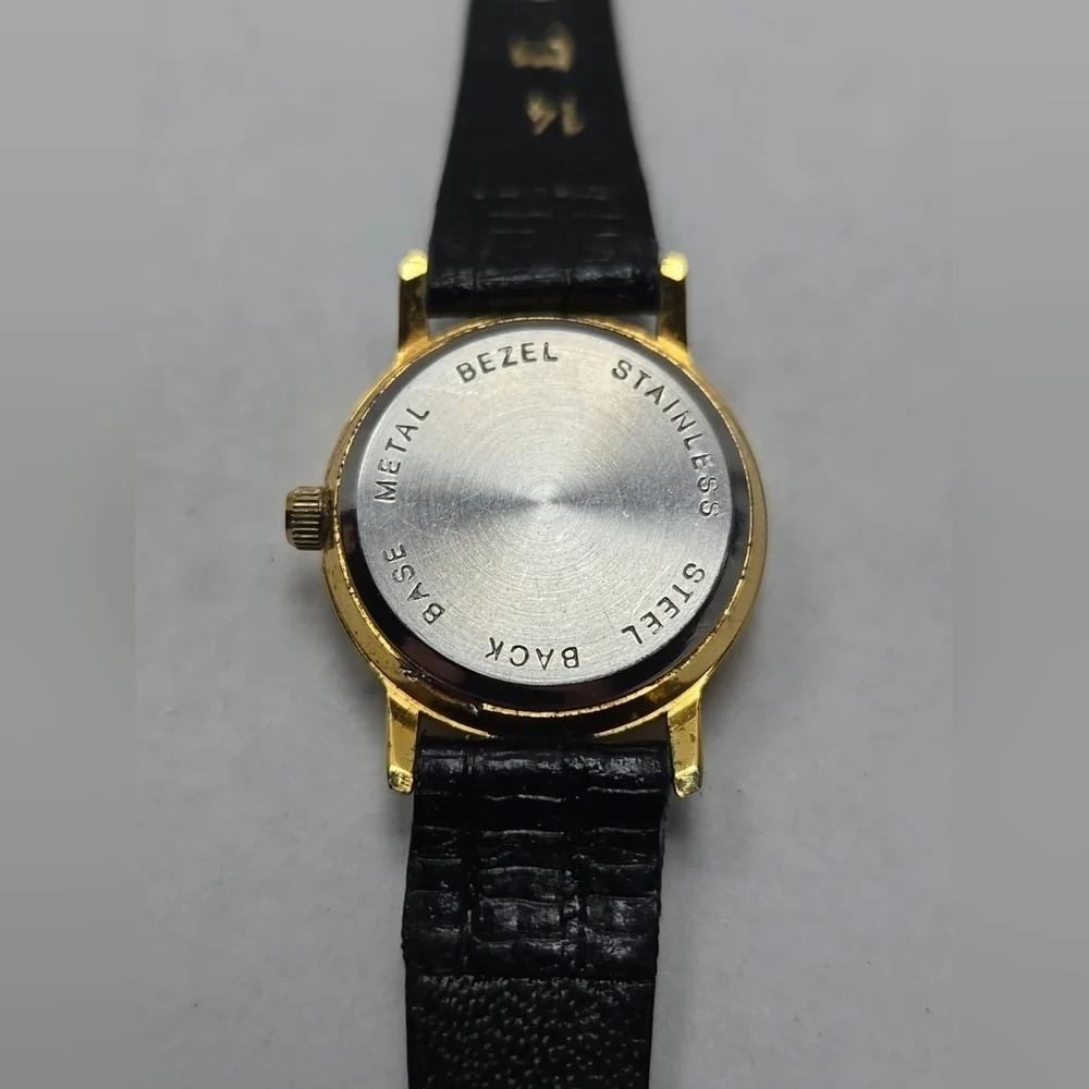 Womens Vintage Edison Moon Phase MOP 24mm Quartz Watch Gold Black New Battery